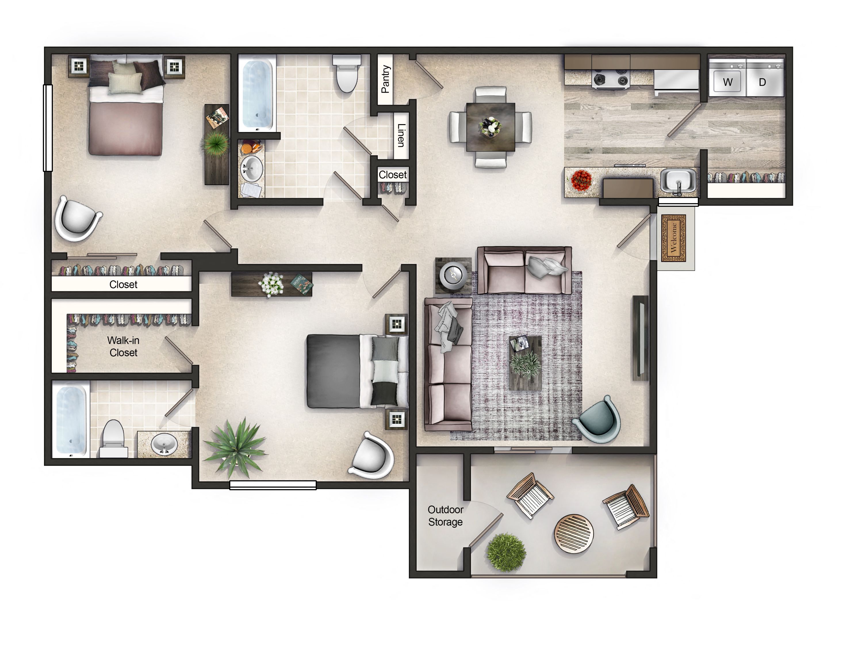 Floor plan for 2 beds, 2 baths, 1173 sqft